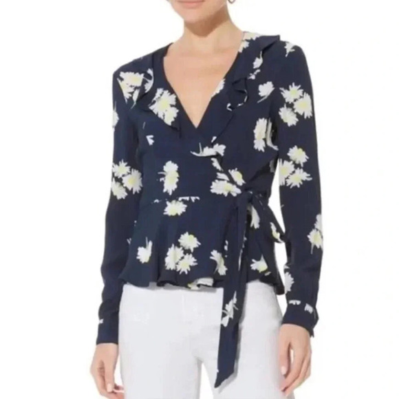 Ganni Blouse Wrap Top Long Sleeve Shirt V-Neck Floral Daisy Navy Blue Size US XS - Picture 8 of 13